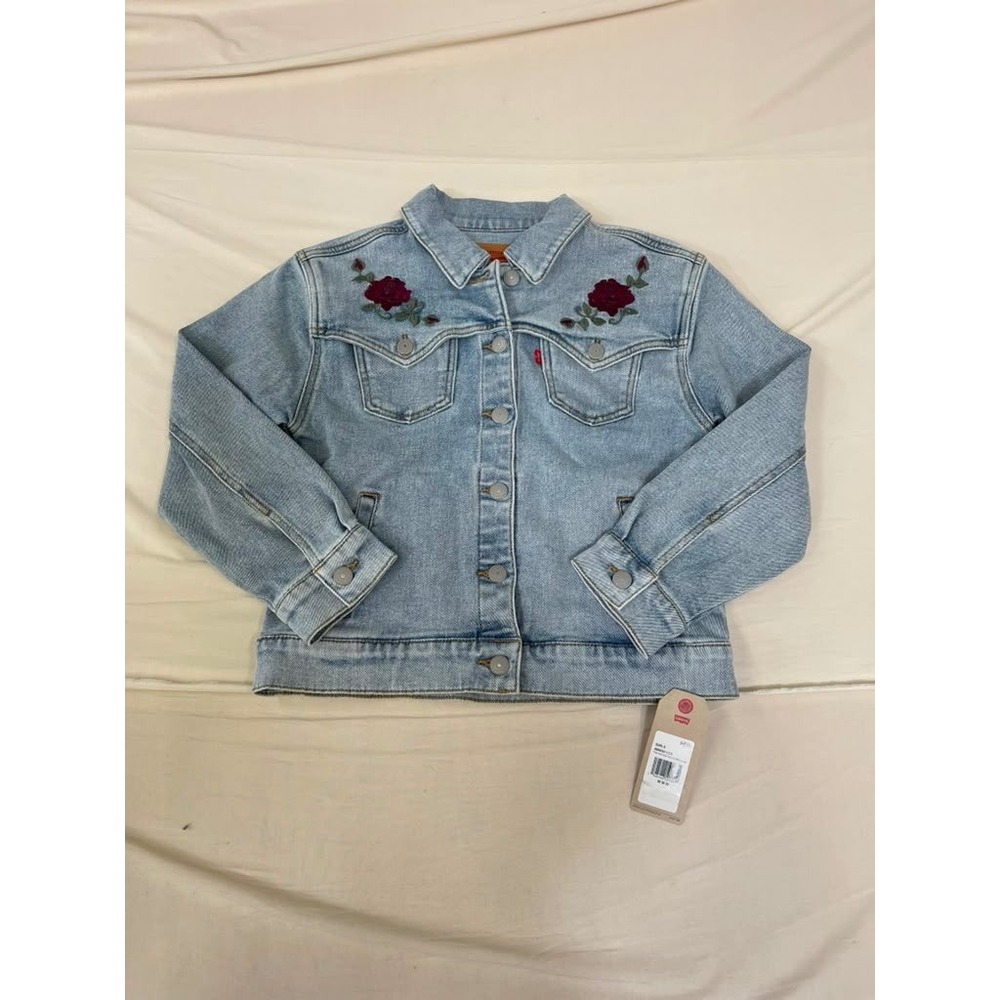 Levis Girls Light Wash Denim Trucker Jacket Rose Floral Embroidery M